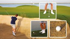 Short-game tips: Golf Monthly Top 50 Coach Alex Buckner hitting a tough bunker shot, with three inset images of difficult short game positions