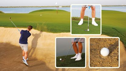 Golf Monthly Top 50 Coach Alex Buckner hitting a tough bunker shot, with three inset images of difficult short game positions