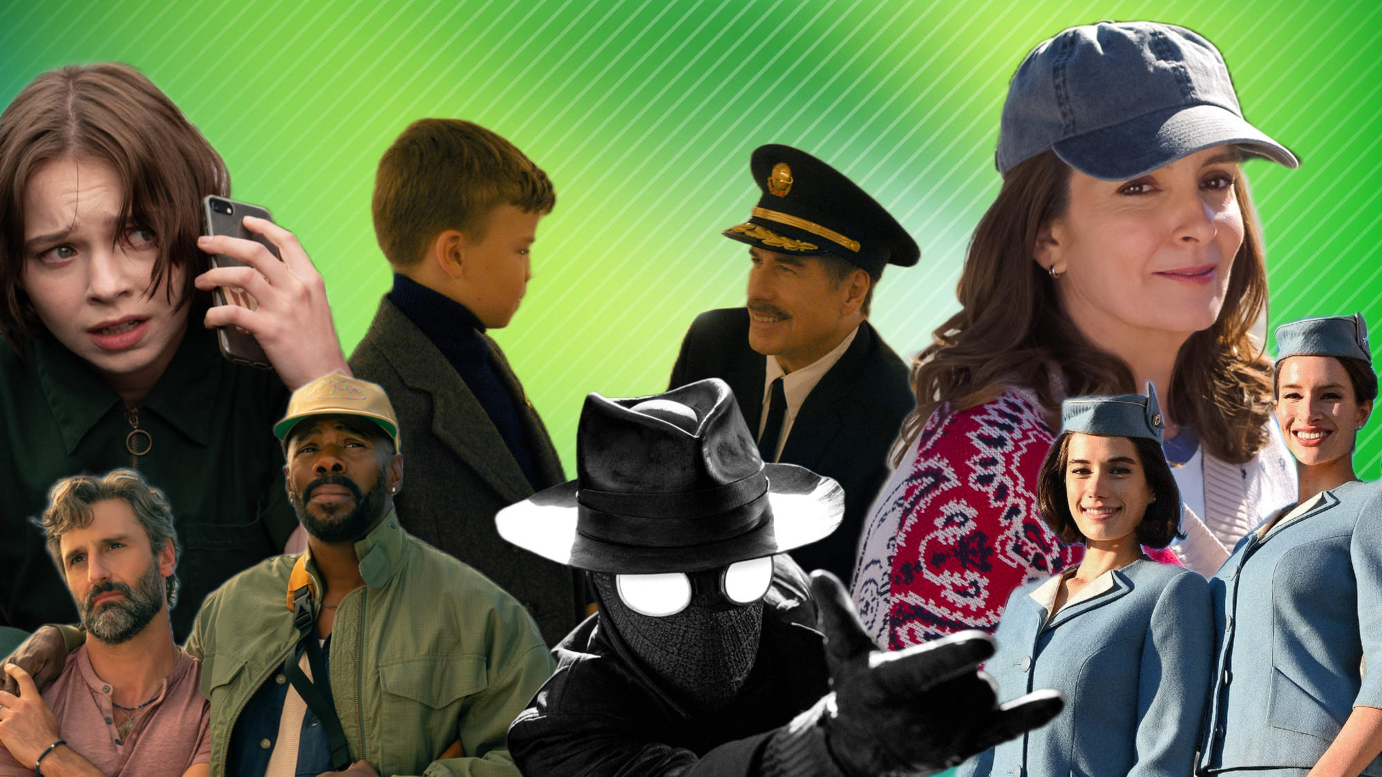 Collage featuring images from The Four Seasons, A Good Girl's Guide to Murder, Spider-Noir and Propeller One-Way Night Coach