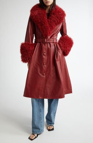 Foxy Genuine Shearling Trim Leather Coat