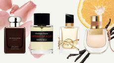A collage featuring for of the best long-lasting perfumes featured in this guide, on a cream template with stock images of rose petals, vanilla pods and orange slices to demonstrate their scent notes