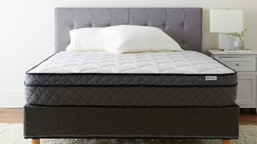 The Amazon Basics Premium Foam Eurotop Mattress that has recently been recalled on a bed frame in a bedroom. It has a quilted white top and quilted gray sides