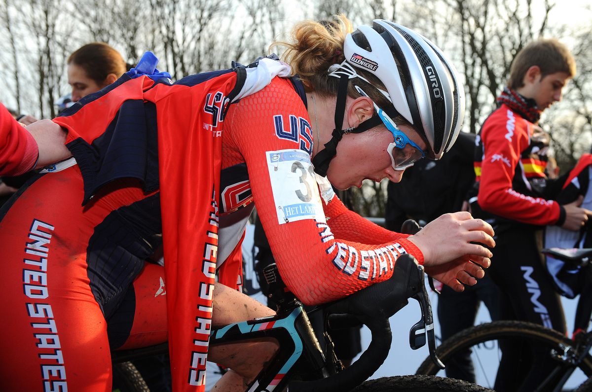 Ellen Noble sucking in a deep breath post-race, the American finished 18th