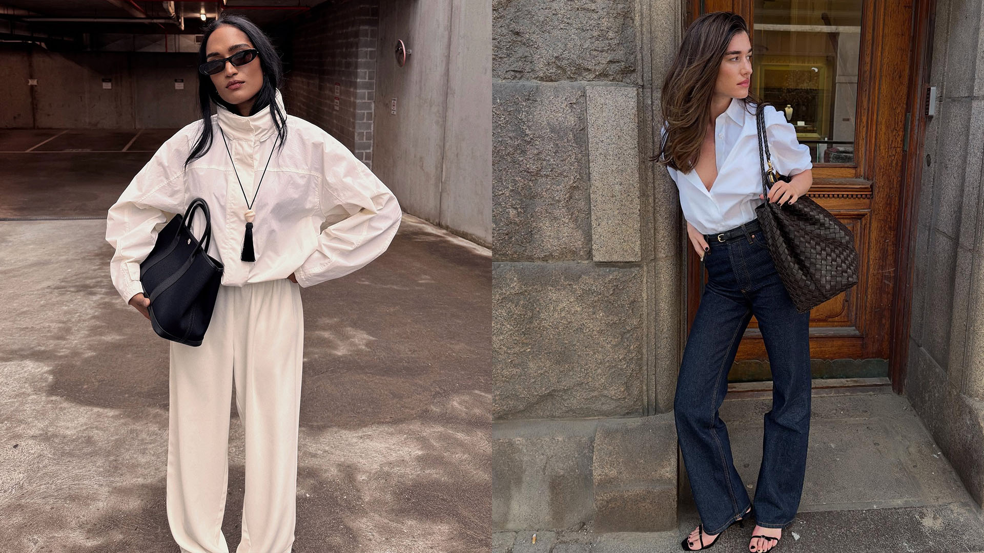 Woman in white funnel-neck jacket and white pants; woman in white button-down and dark-wash jeans