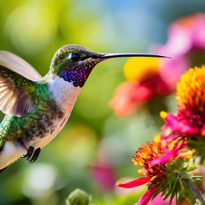hummingbird visiting colorful flowers in garden