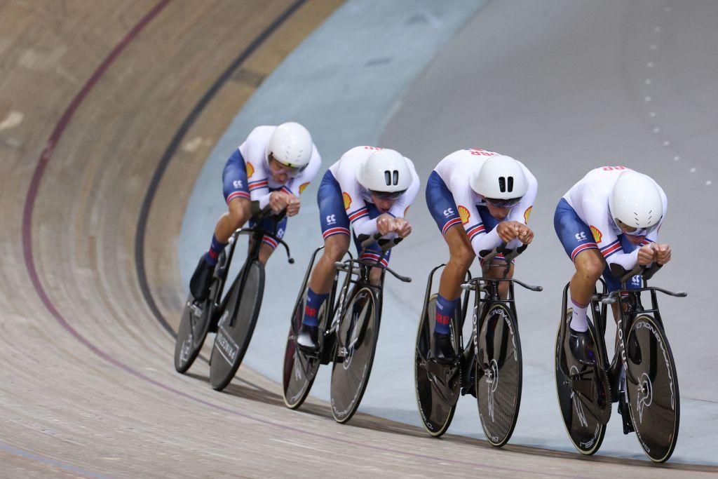 British team riders Ethan Hayter, Oliver Wood, Ethan Vernon, and Dan Bigham compete to win the Mens Team Pursuit finals during the UCI Track Cycling World Championships