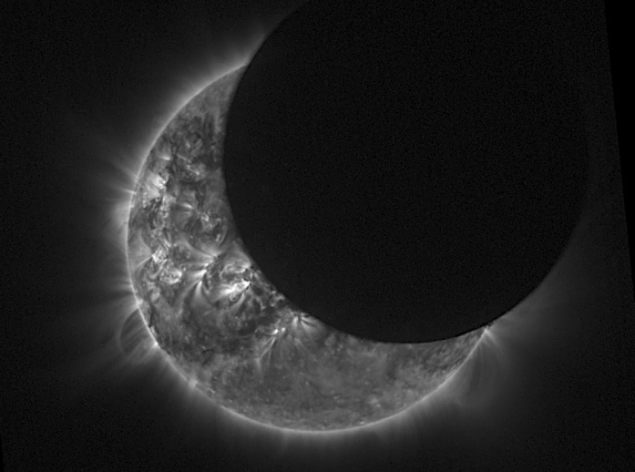 This view from space of a solar eclipse was captured on April 29, 2014 by the European Space Agency&#039;s Proba-2 satellite. The same satellite will observe the total solar eclipse of March 20, 2015.