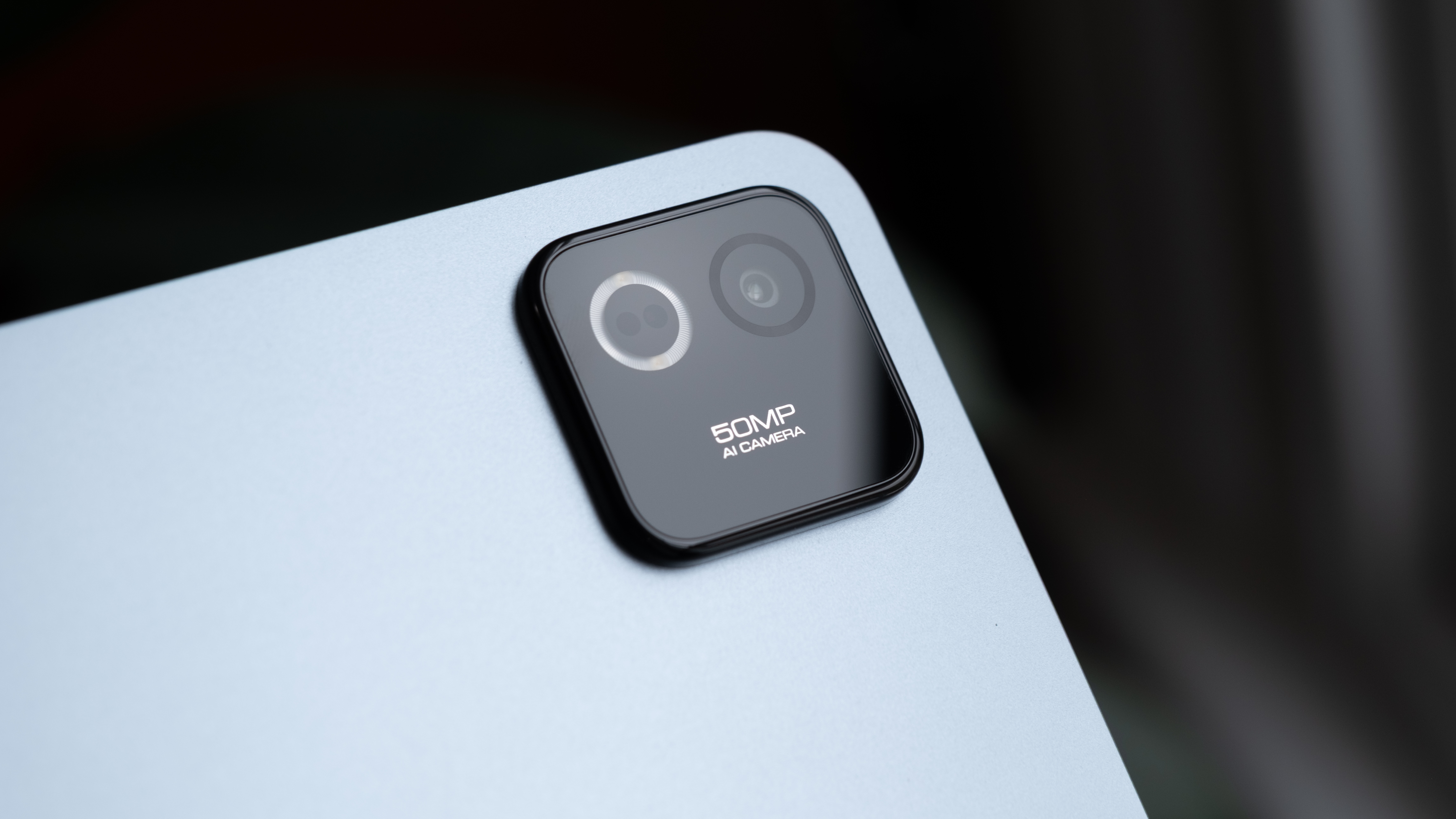 Close-up of the Xiaomi Pad 8 Pro rear camera module with 50MP AI camera branding.