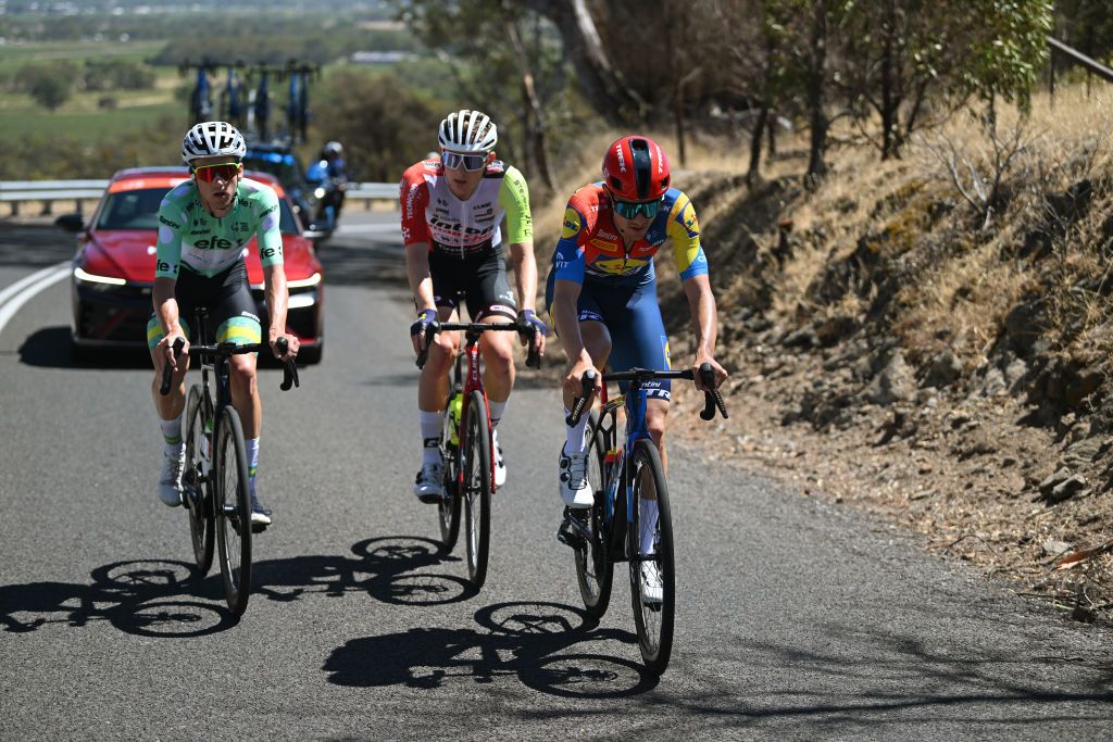 TANUNDA AUSTRALIA JANUARY 22 LR Fergus Browning of Australia and ARA Australian Cycling Team Green Mountain Jersey Georg Zimmermann of Germany and Team Intermarche Wanty and Patrick Konrad of Austria and Team Lidl Trek compete in the breakaway during the 25th Santos Tour Down Under 2025 Stage 2 a 1288km stage from Tanunda to Tanunda 342m UCIWT on January 22 2025 in Tanunda Australia Photo by Dario BelingheriGetty Images