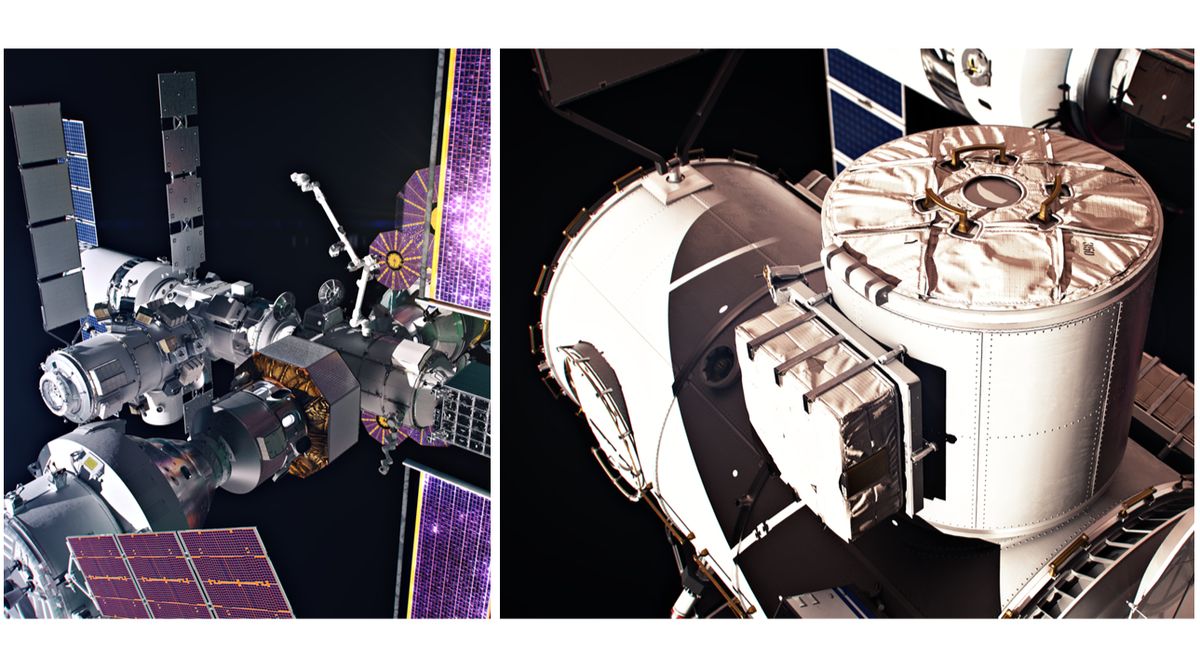 side-by-side artist&#039;s illustrations showing a small space station (at left) and a close-up of the station&#039;s airlock (right).