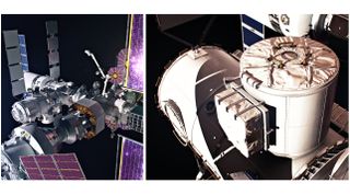 side-by-side artist's illustrations showing a small space station (at left) and a close-up of the station's airlock (right).