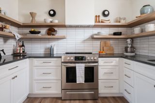 kitchen with styled open shelving