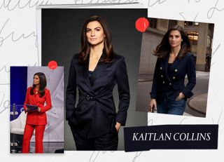 A Marie Claire graphic of Kaitlan Collins in a red pantsuit, naby blazer with matching pants, and a navy blazer and blue jeans.