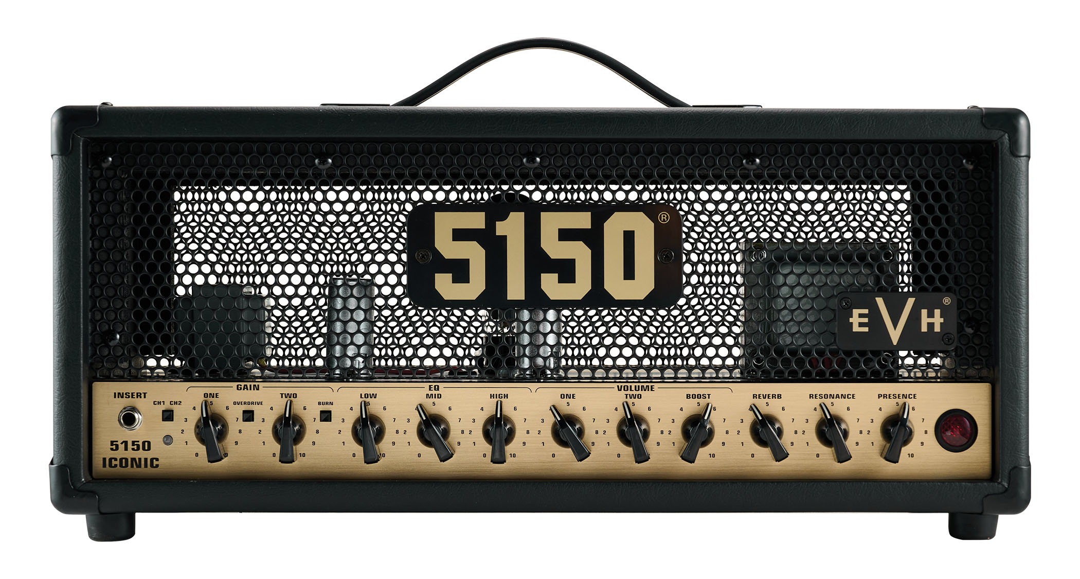 EVH 5150 Iconic Series 15-watt head: the black amp with gold control panel is photographed in close-up