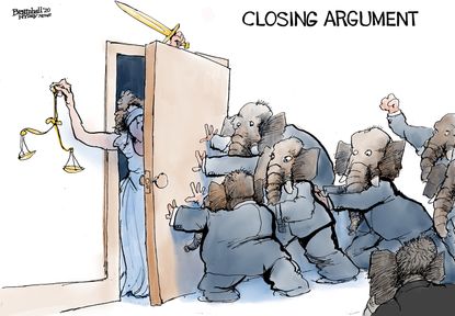 Political Cartoon U.S. GOP Trump impeachment closing argument Lady Justice