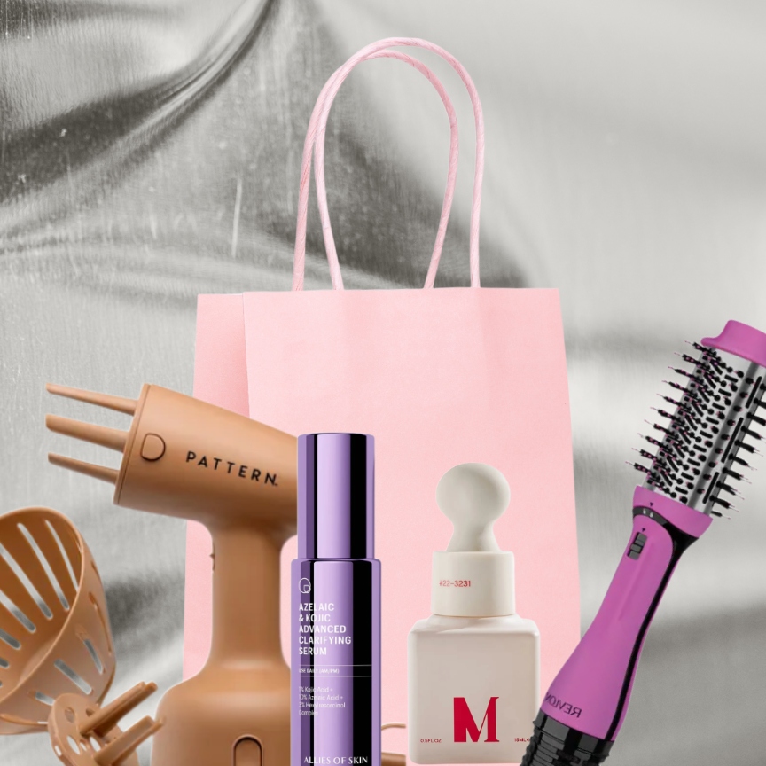 four on-sale beauty products with a pink shopping bag on a silver background