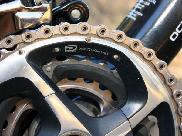 The combination of the tighter 'Dyna-Sys' chainring spacing and Shimano's new directional XTR chain makes for exceptionally smooth front shifts under full power.