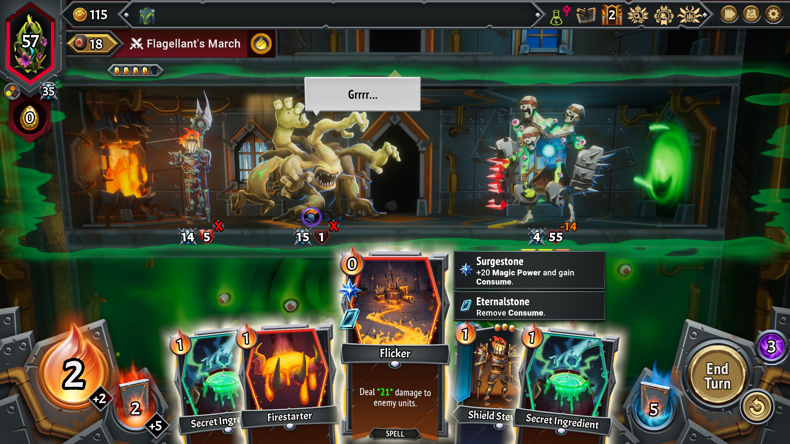 About to play an enhanced Flicker Card while a multi-armed unit faces down a spikey foe in Monster Train 2