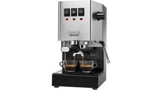 the Gaggia Classic coffee machine being used to brew two cups of espresso