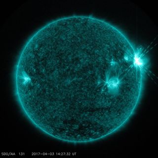 NASA's Solar Dynamics Observatory captured this ultraviolet wavelength view of the M5.8 solar flare peaking at 10:29 a.m. EDT on April 3, 2017.