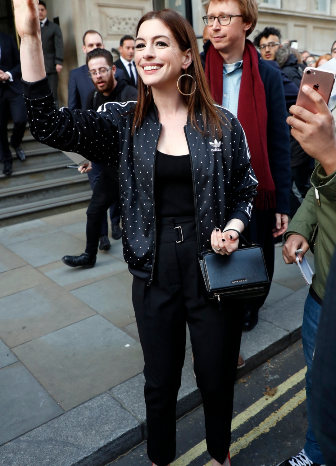 Anne Hathaway wearing polka dot jacket