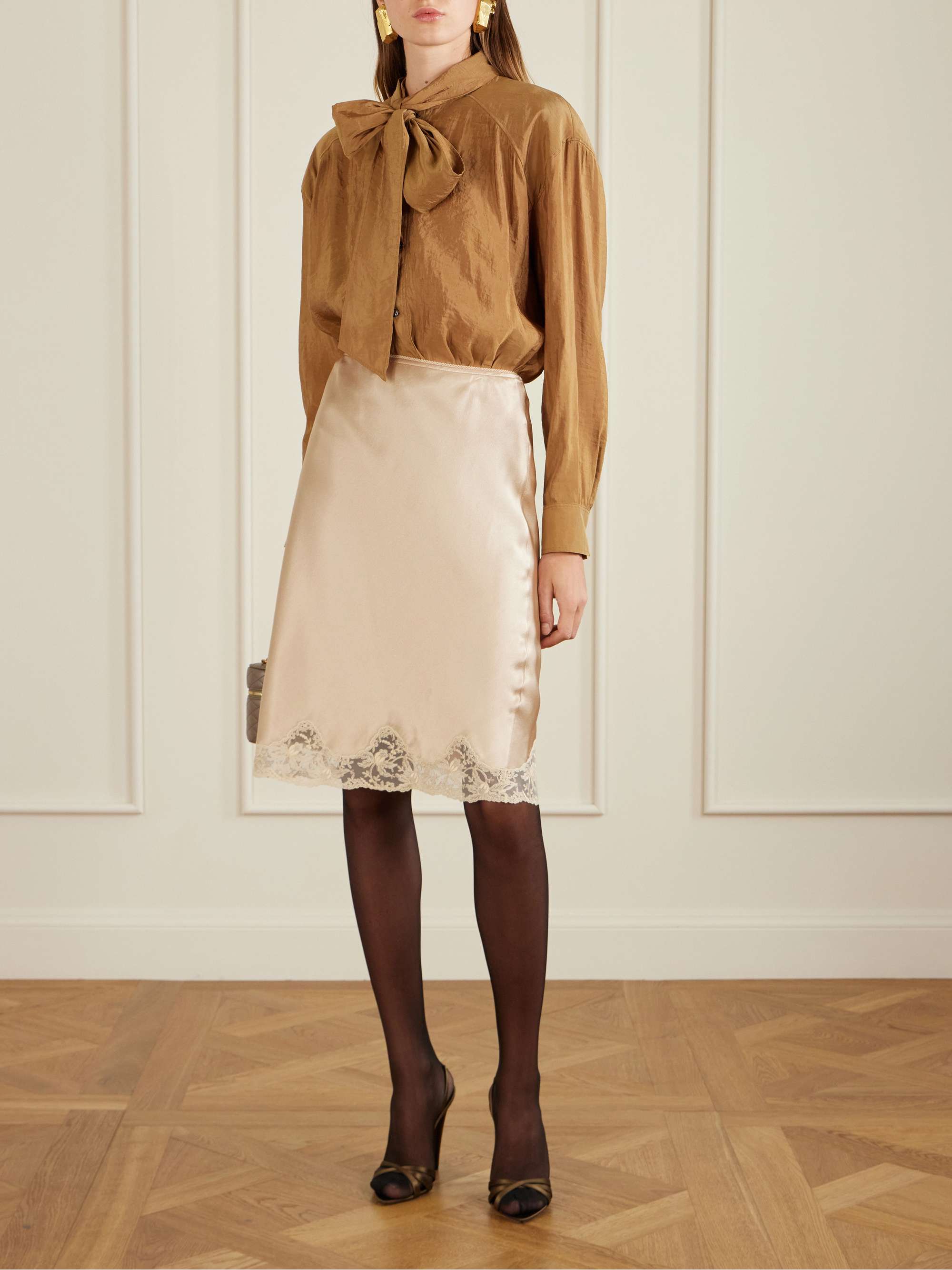 Lace-Trimmed Silk-Satin Skirt