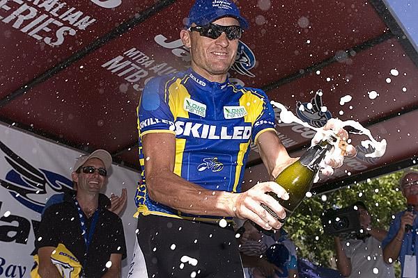 Stage winner Baden Cooke (Skilled/Lowe Farms) begins the celebrations in Williamstown.