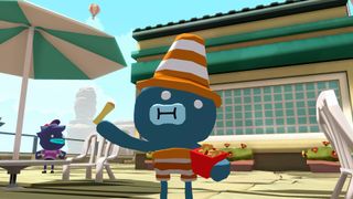 Terry poses with a cone hat in a screenshot from Tiny Terry's Turbo Trip