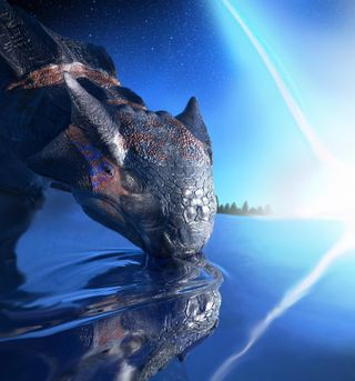 This artist's visualization shows an Ankylosaurus magniventris, a large armored dinosaur, witnessing an asteroid impact 66 million years ago.