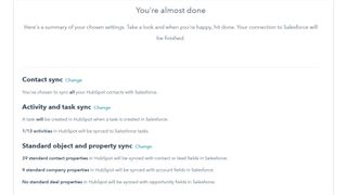 Confirmation screen for Hubspot and Salesforce field mapping and sync settings
