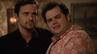 Josh Gad crying next to Jake Johnson in New girl