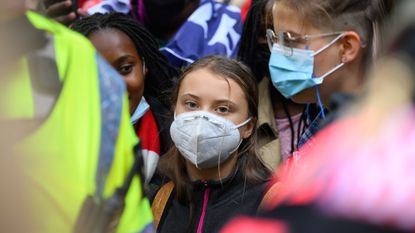 Greta Thunberg at protest outside London offices of Standard Chartered bank on 29 October