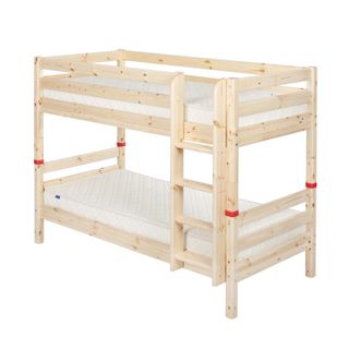 Classic wooden bunk bed with 2 white mattresses on it