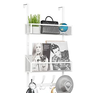 Over the Door Organizer, With 12 Hooks and 2 Mesh Baskets in white