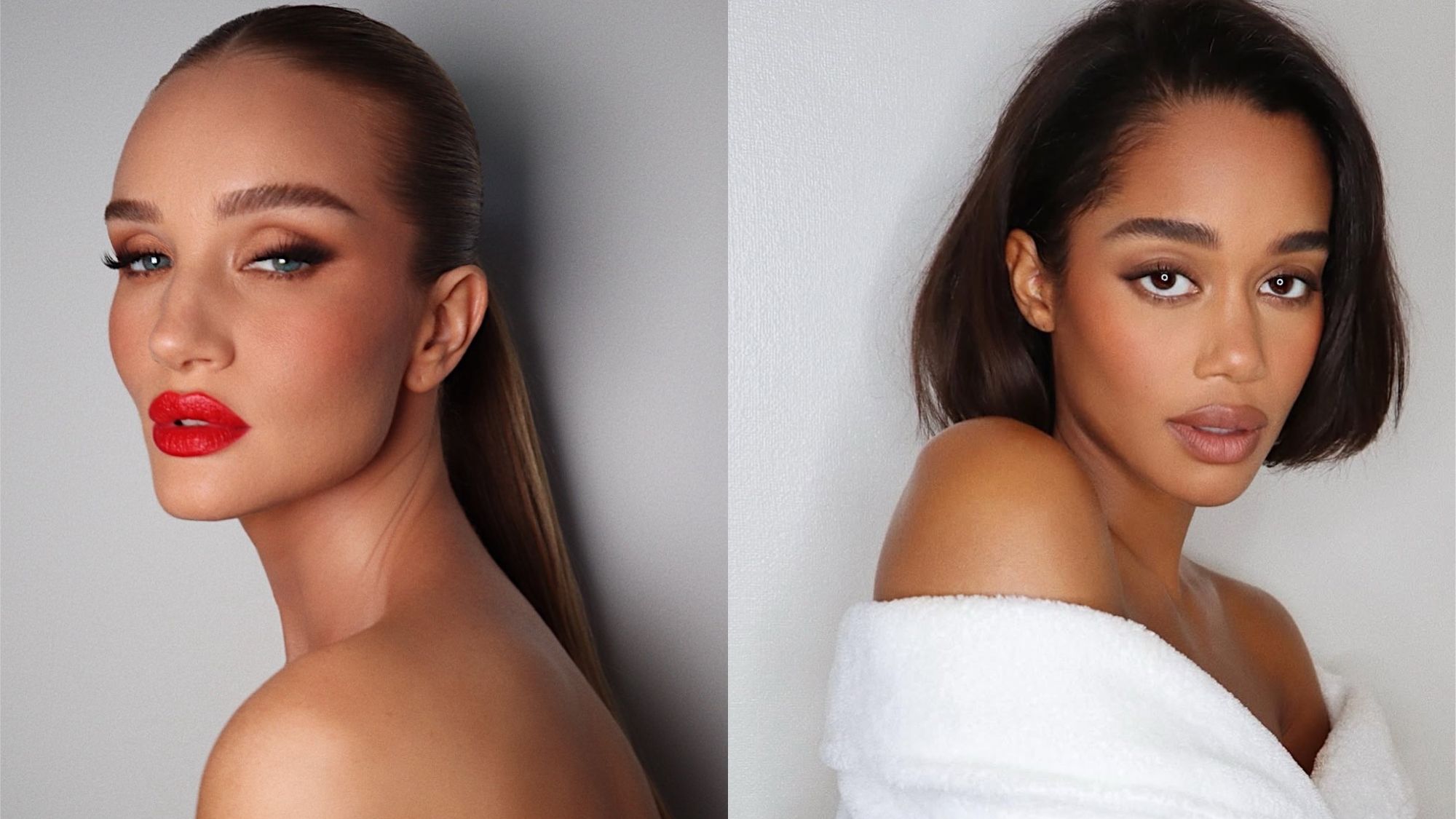 Images of Rosie Huntington-Whiteley and Laura Harrier with bronzed makeup by celebrity makeup artist Hung Vanngo.