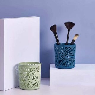 Leaf pattern pencil/brush pots in sage and indigo