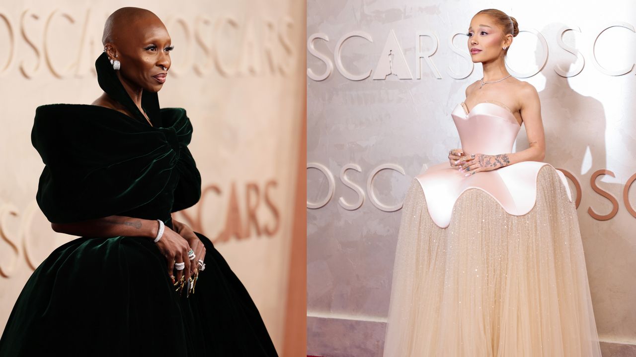 Cynthia Erivo at the 2025 Oscars in a green velvet gown next to a photo of Ariana Grande at the Oscars in a pale pink gown 