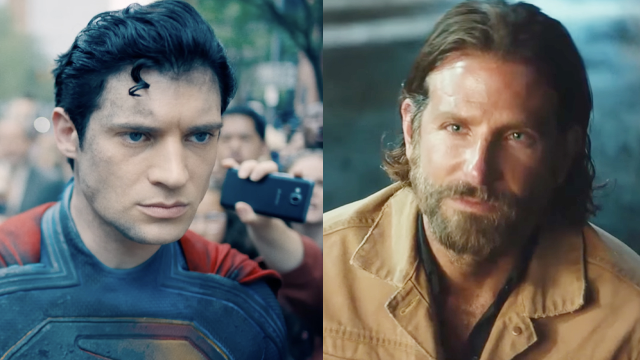 Superman looking disheveled in Superman (2025), Bradley Cooper, bearded and long-haired, looking up longingly in A Star Is Born (2018). 