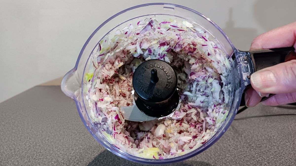 Onion and celery chopped in KitchenAid Food Chopper