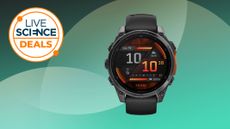 Garmin Fenix 8 on a green background