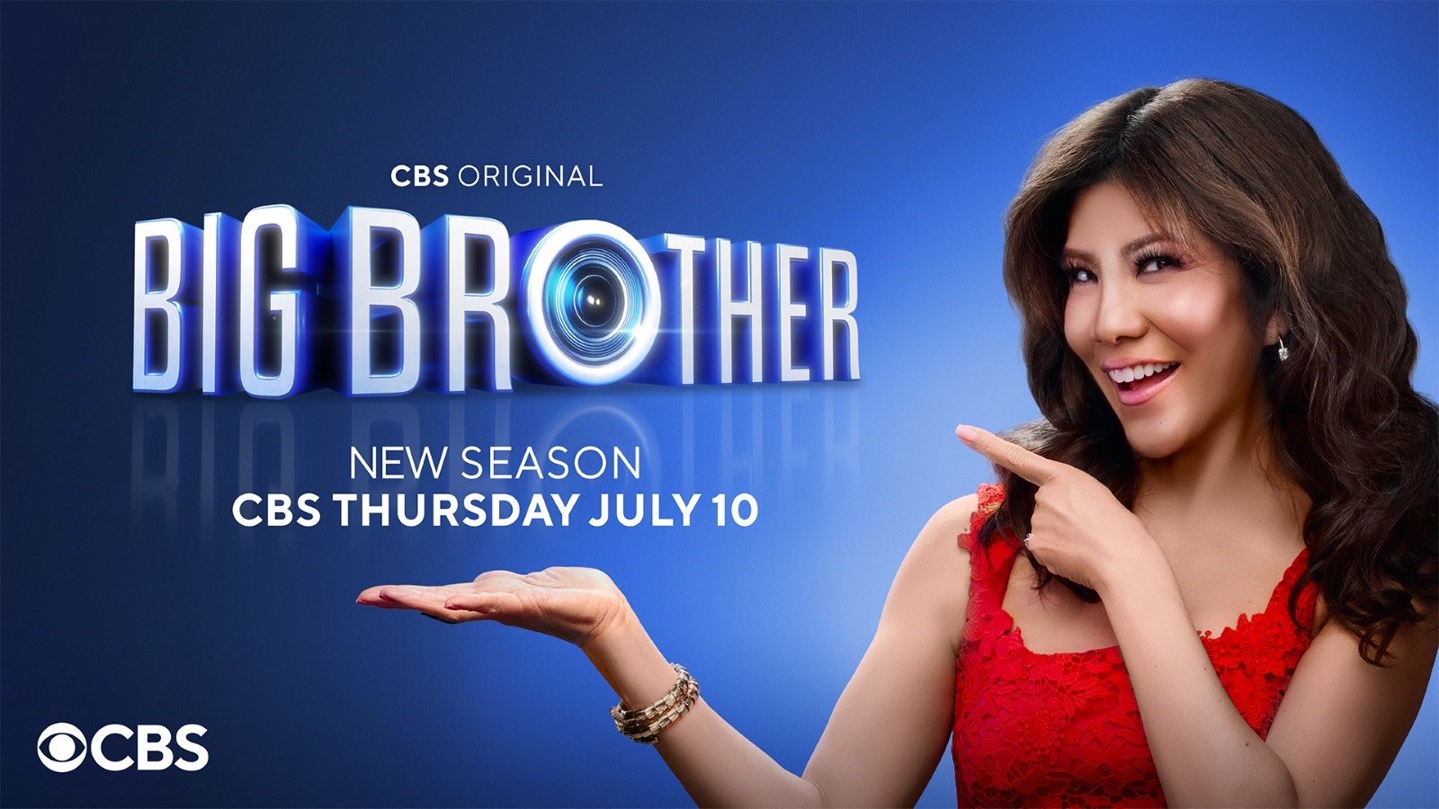 Key art from Big Brother season 27 featuring Julie Chen Moonves in a red dress.