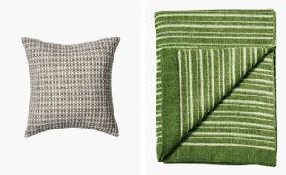 Grey and white checked cushion and a green and white striped fabric