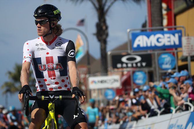USA National Team's Alex Hoehn in the 'king of the mountains' jersey at the start of stage 5 of the 2019 Tour of California