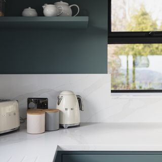 White kitchen counter with Smeg kettle and toaster