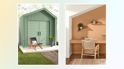 Two of the Valspar Color of the Year runner ups from Renew blue; green trellis on a shed and desert carnation in an office