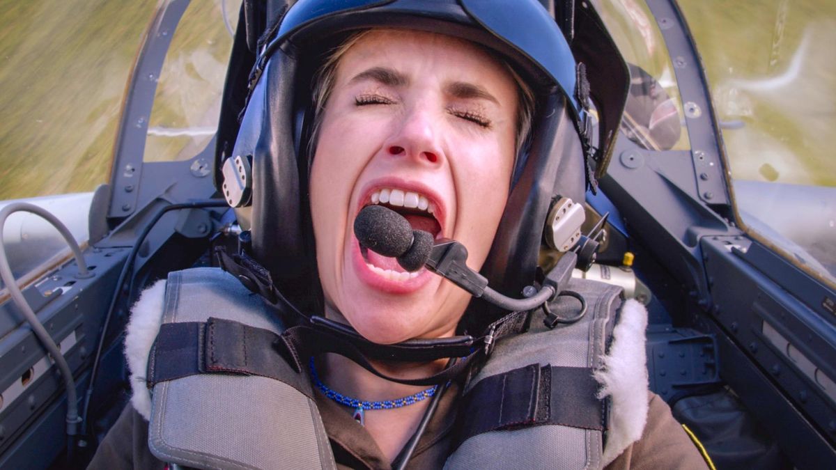 Rex (Emma Roberts) screams in the cockpit of a jet in Prime Video Original movie &quot;Space Cadet&quot;