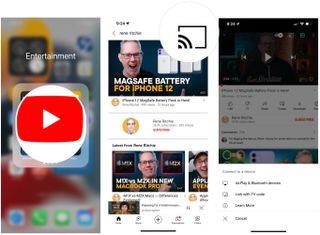 To AirPlay YouTube content to your Mac, tap the YouTube app on your mobile device, then begin playing your content you wish to stream. Tap the streaming icon.