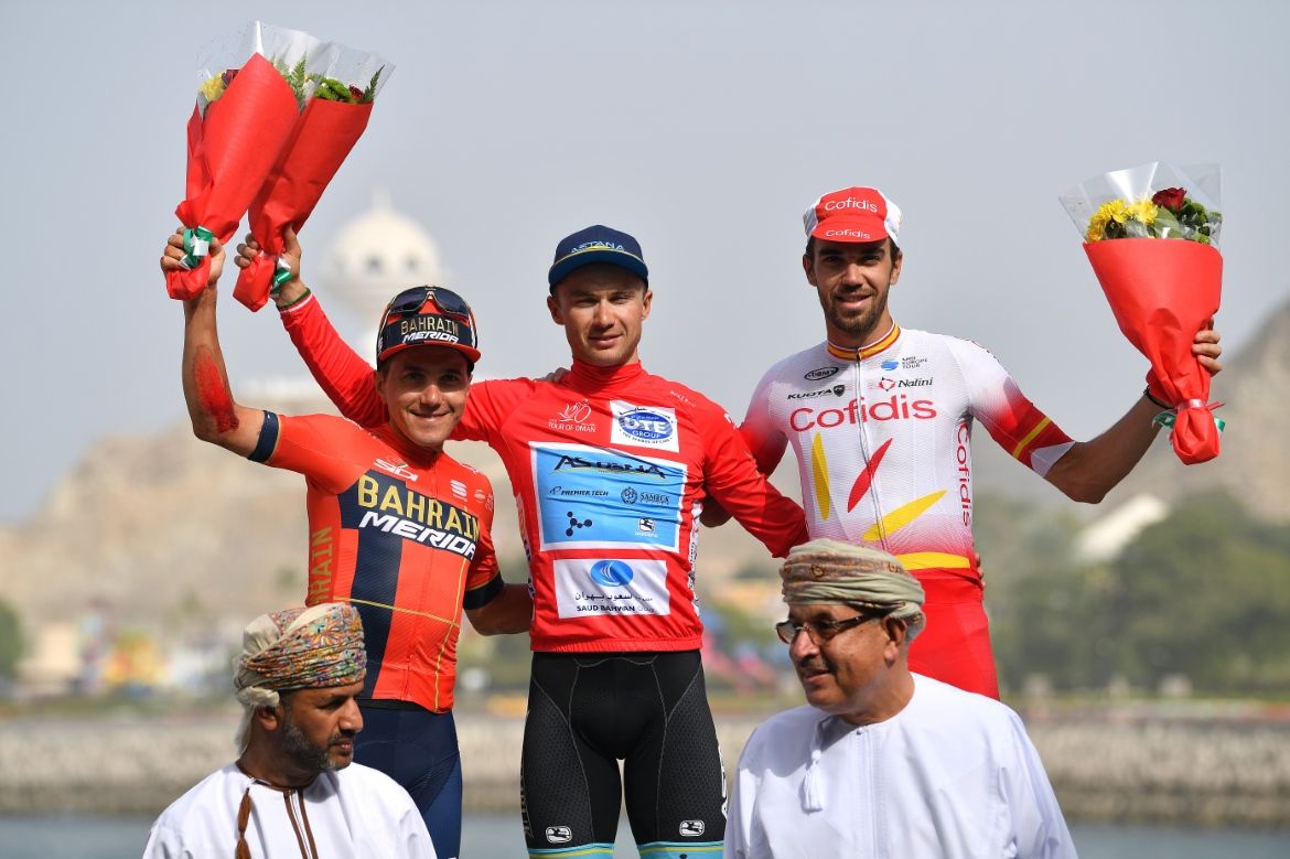 The podiym of the 2019 Tour of Oman (l-r) Domenico Pozzovivo, Alexey Lutsenko and Jesus Herrada