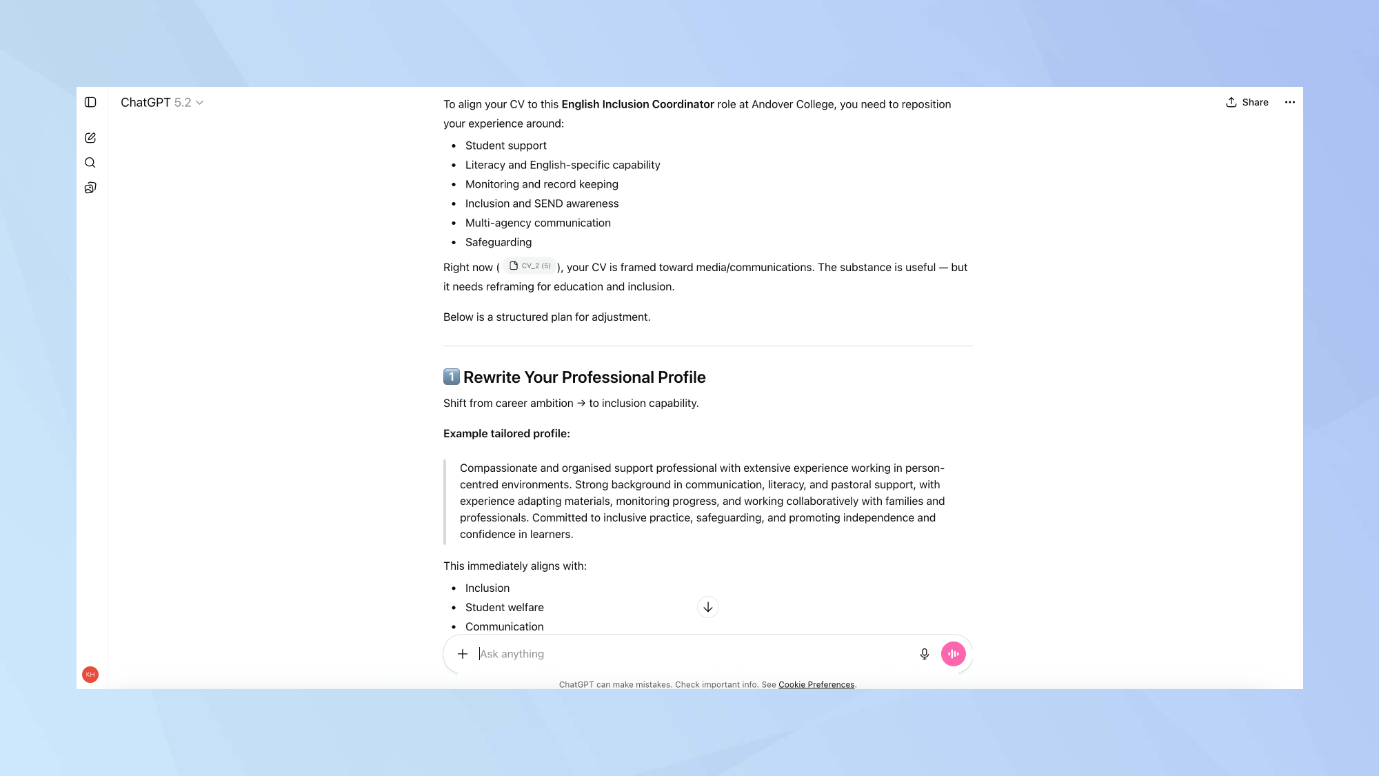 ChatGPT aligning experience with job description output