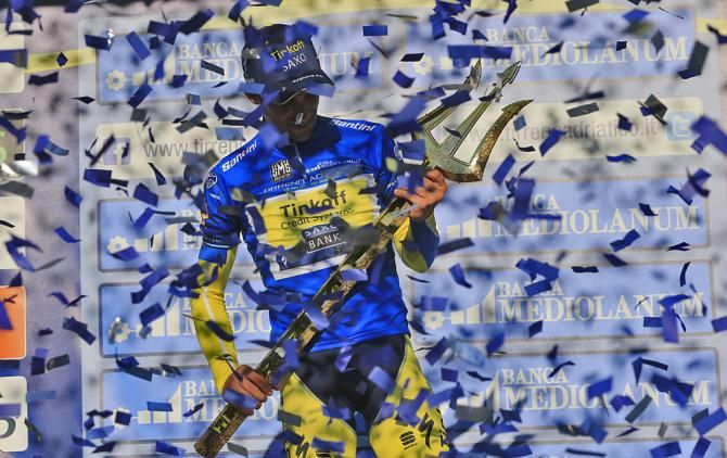 Alberto Contador (Tinkoff-Saxo) showered in confetti on the Tirreno-Adriatico podium